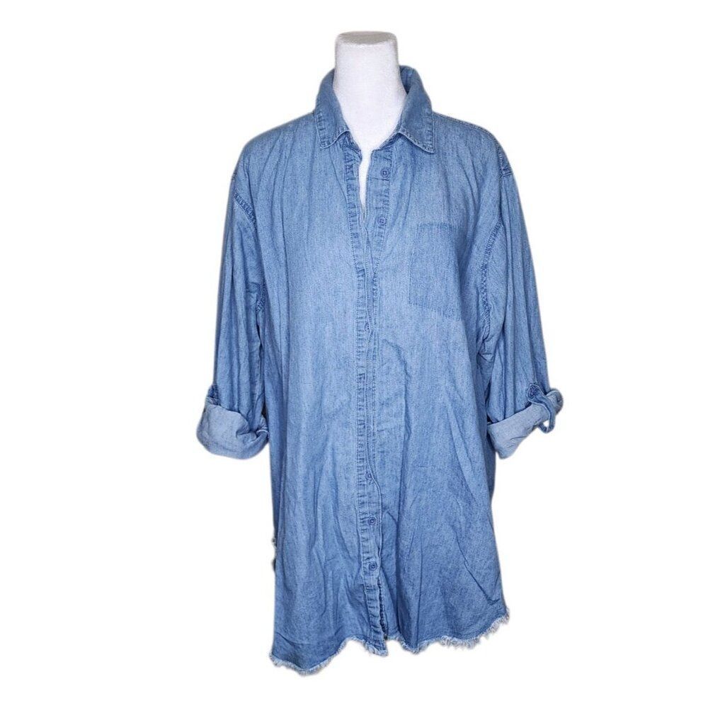 Taxi Shirt Dress Denim Jean Roll Tab Sleeve Womens 2XL Blue Raw Hem
